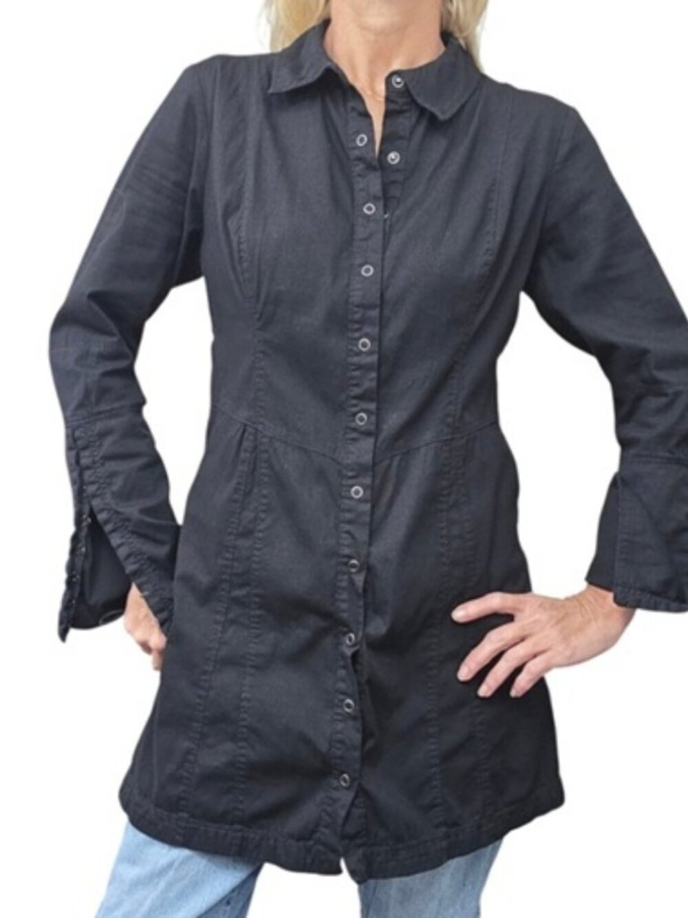 Free People Black Cotton Longline Tunic Shirt Hook Eye Cuffs Small